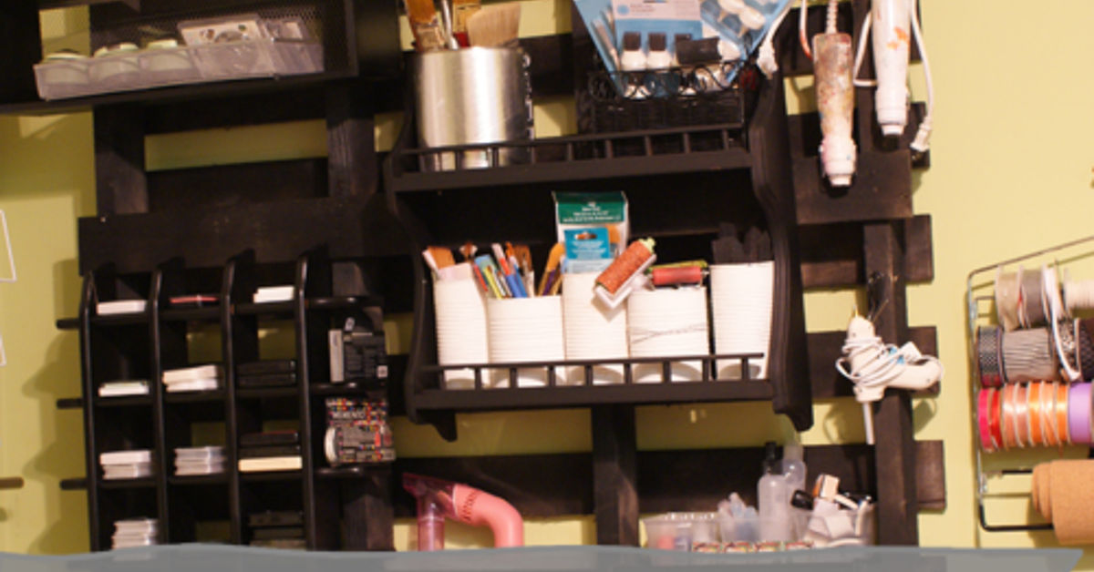 Studio craft room organization using pallets and other budget friendly solutions